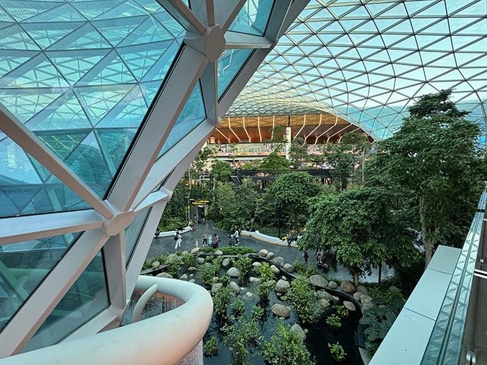 Looking down over the Orchard indoor jungle in Hamad international airport in Doha, Qatar with it's lush trees and impressive glass roof