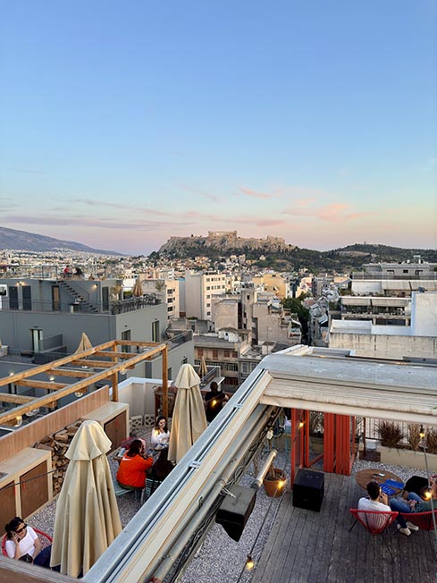 View of the Acropolis from the hostel rooftop in Athens, Greece.