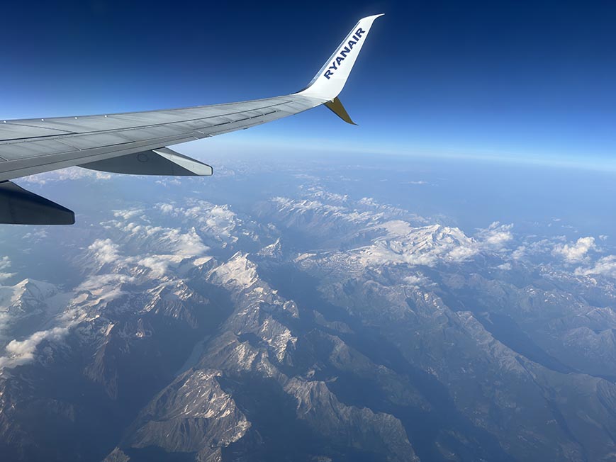 View from a flight over the Alps in Europe.