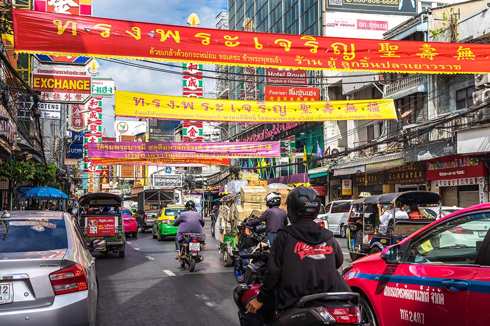 The chaotic streets of Chinatown in Bangkok, Thailand
