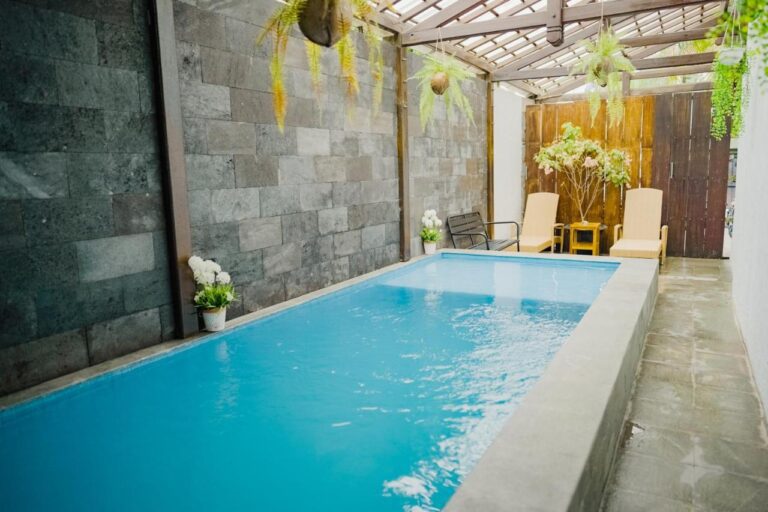 The swimming pool at Ostic House hostel in Yogyakarta, Indonesia