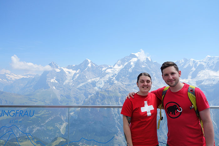 Nic and Shorty taking a selfie in Interlaken, Switzerland with the Alps including The Eiger in the background. romantic city break Europe