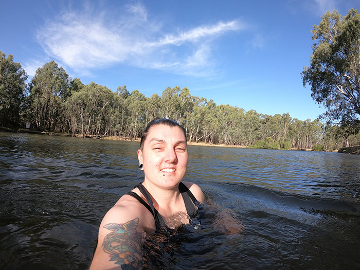 Nic swimming in the Murray River between Victoria and New South Wales, Australia