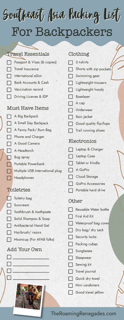 packing list southeast asia guide backpacking infographic