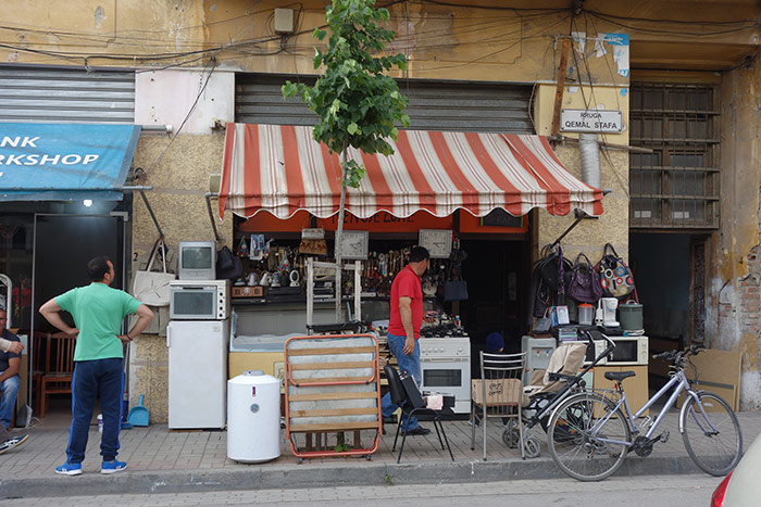 A shop and street market in Tirana, Albania