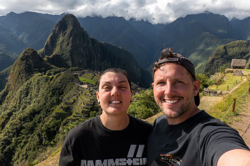Nic and Shorty taking a selfie from Circuit 1 at Machu Pichu, Peru on their South America backpacking trip