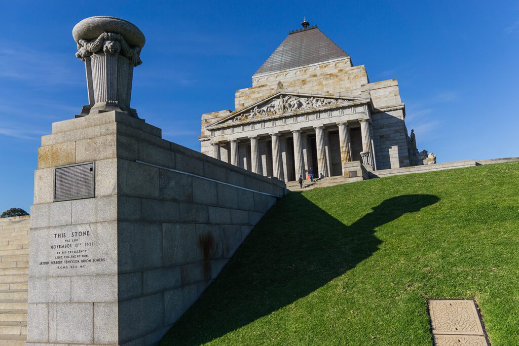 The Shrine of Remembrance on a sunny day in Melbourne.
