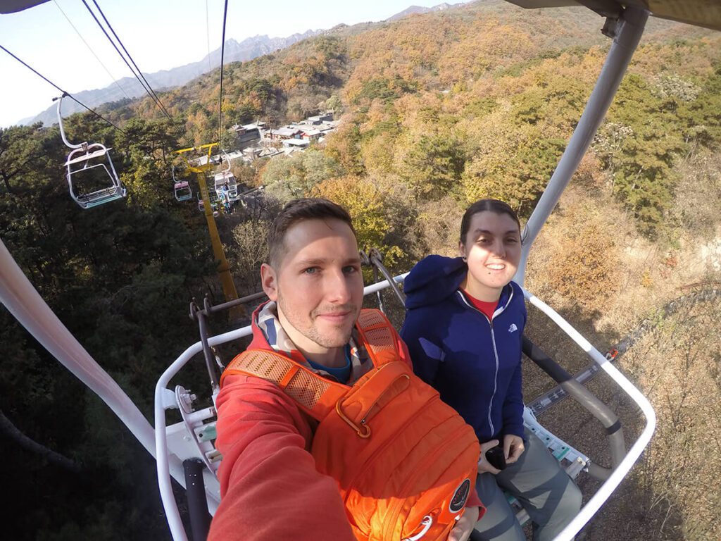 Nic and Shorty on the cable car up to the Great Wall of China at mutianyu near Beijing