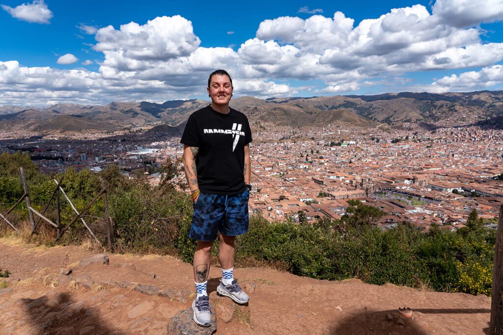 Nic standing at a viewpoint high above Cusco in Peru, South America